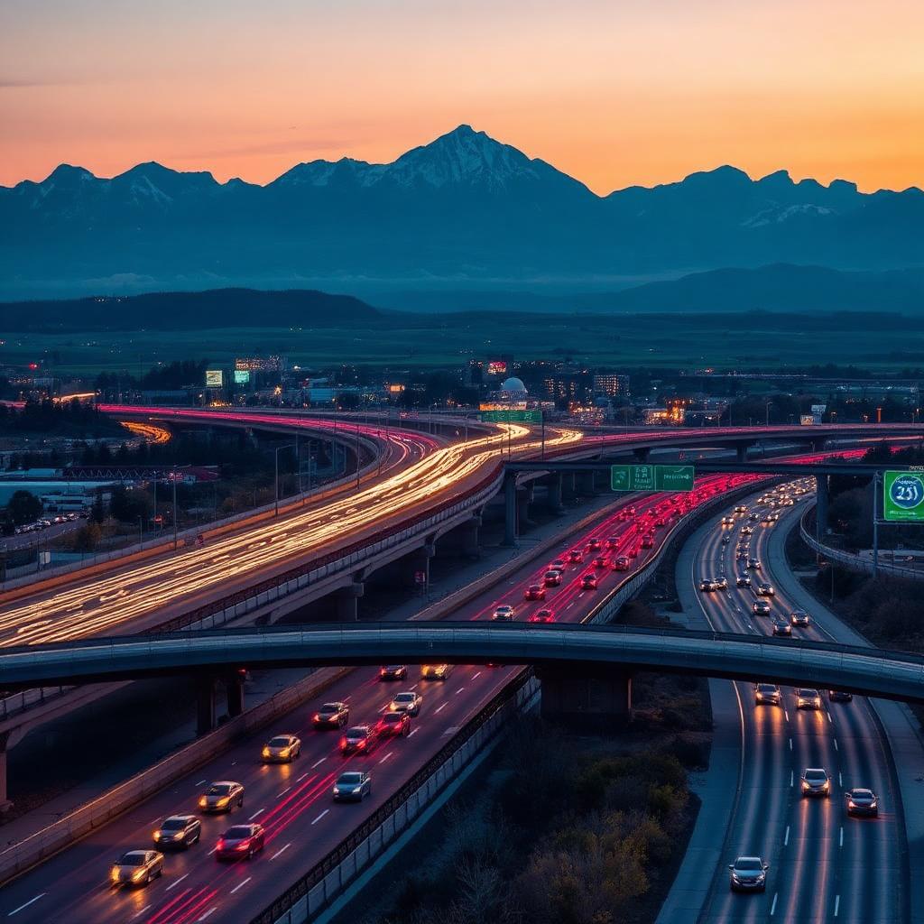 I-25 highway interchange in Denver at dusk with mountains in the background